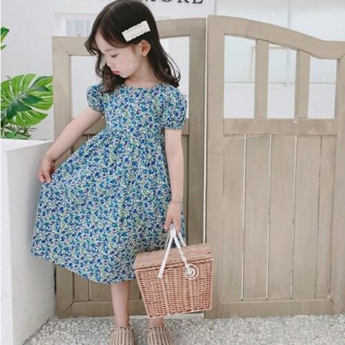 Korean Style Girls Dress Summer 2020 Cute Floral Dress Cotton Short Sleeve Backless Printed Girls Dress RT836