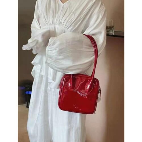 FIRMRANCH Japan Famous Brand Simple Bright Patent Leather Womens Square Handbag Solid Color Shoulder Crossbody Classic Bag Hobo
