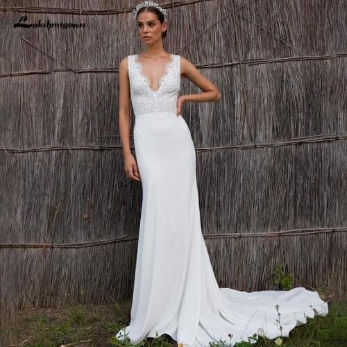 Simple Bohemian Lace Wedding Dresses Plus Size Sleeveless V-neck Top Lace A-line Chiffon Robe De Mariage Boho Wedding Dress