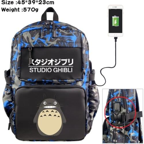 Anime My Neighbor Totoro Cartoon Backpack Student Schoolbag USB Nylon Casual Teenger Travel Knapsack Laptop Bag Zipper Bookbag