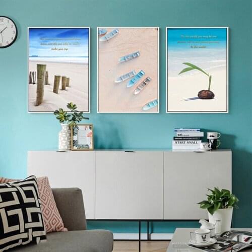 Nordic Sea Poster Beach Landscape Canvas Painting Wood Wall Art Modern Green Plant Print Wall Picture for Living Room Home Decor