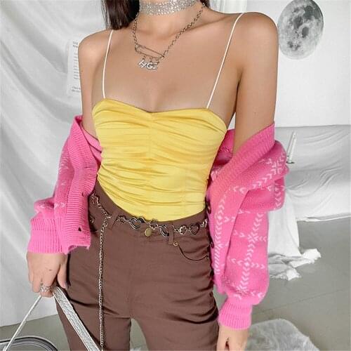 Spring Summer Fashion Women Casual Close Fit Suspender Yellow Backless Pleated Crop Tops Zipper Camisole Stylish Chic Daily Wear