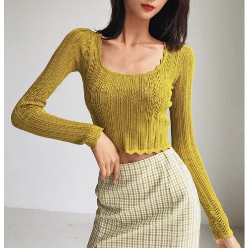 Spring and autumn fashion solid color U-neck lace knit T-shirt women, sexy all-match short base T-shirt women