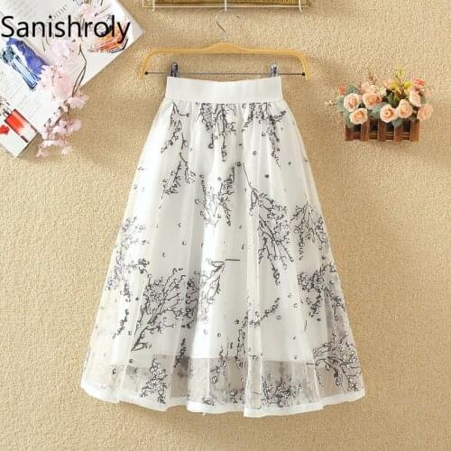 Sanishroly 2018 Sprint Summer Women Floral Print Mesh Skirt Female Elastic High Waist Pleated Skirts Eugenia A-Line Skirt SE096