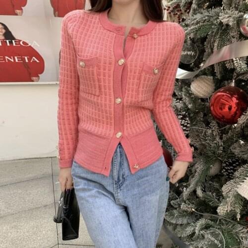 Plaid Pink Cardigan Women 2021 High Fashion Cardigan Sweater Knit Tops Round Neck Button Up High Waist Cardigan Sweater Coat