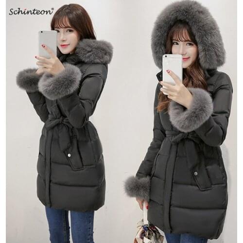 S-4XL Schinteon Women Down Jacket Winter Coat Fur Hood 100% Real Fox Fur Trim Detachable Hood Collar Gift