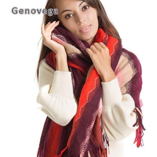 Genovega 220*100 cm Winter Scarf For Women Pashmina Tassel Bandana Striped Lady Long Scarf Shawls Female Bufanda Knitted Scarves