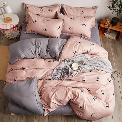 2021Reversible Bedding Set Pastoral Duvet Cover Flat Sheet Modern Home Linen Pink Black Reindeer AB Side Sleeping Flower 3/4pcs