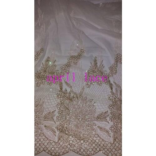 5yards HL037 cream floral glued sparkle glitter mesh net tulle lace fabric for india african sawing /evening dress