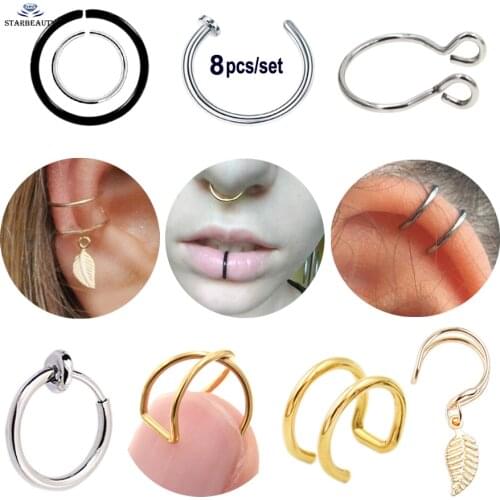 8 pcs/set Simple Leaf Fake Nose Ring Ear Cuff Earrings Clip Helix Piercing Tragus Earrings Fake Piercing Labret Lip Body Jewelry