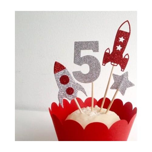Glitter red Rocket and Star Cupcake Toppers custom number girl Birthday party Anniversary toothpicks wedding party cake topper