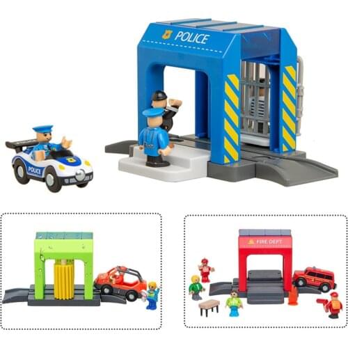 Wooden Railway Train Track Accessories A Set Of Police Thief Catching Building Block Compatible With Wood Track Kids Toys