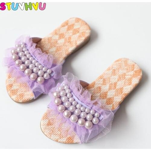 Childrens Slippers for Girls Shoes Summer New Lace Pearl Princess Girls Sandals Open-toed Non-slip Home Kids Slippers Flats