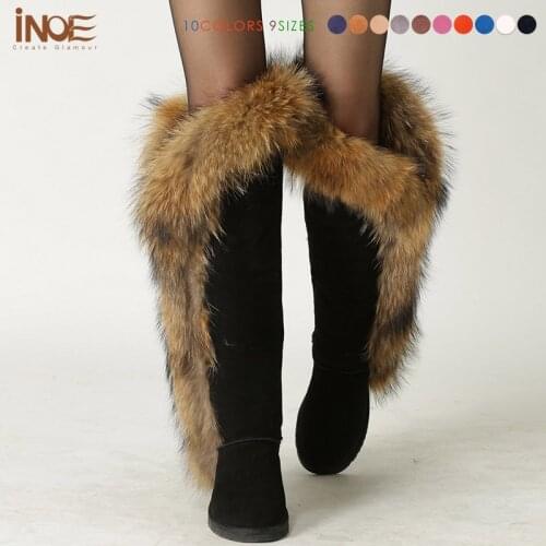 Real fox fur cow suede leather long winter snow boots for women over the knee boots flats party shoes lady motorcycle boots