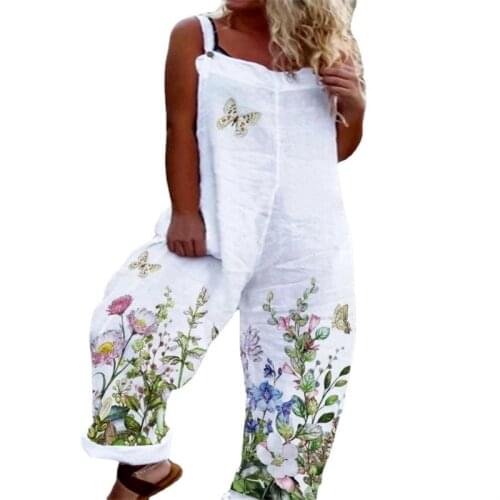 Womens Overalls Jumpsuit Womens Summer New Style Floral Linen Cotton Wide Leg Overalls Jumpsuit Elegant Woman Jumpsuit