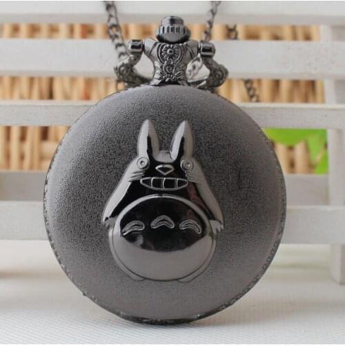 Cute Black Japanese Animated Locket Totoro Pocket Watch Necklace Chain Antique Quartz Kids Clock Boys gift pocke watches