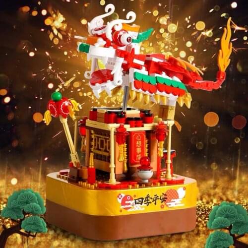 Dragon Dance Lion Model Building Blocks with Music Box Chinese Spring Traditional Festival Bricks Set Toys for Children Gifts