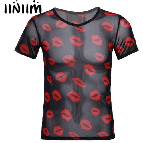 MSemis Male Men Sexy Lip Print See-through Mesh T-shirt V Neck Short Sleeve Sheer Tops Nightclub Stage Show Summer Costume