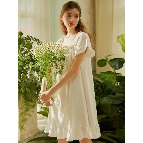 Summer Cotton Sweet Princess Sleepwear Short Sleeve Elegant Female White Nightgowns Girls Loose Nightwear