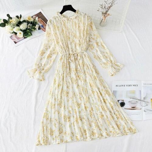 Autumn Women O-Neck Long Sleeve Print Midi Dress Female High Waist Vintage Pleated Chiffon Dresses Fashion 2021 Summer Dress