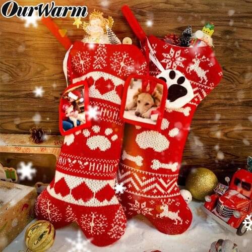 OurWarm Knit Plaid Christmas Stocking New Year Gift Bag for Pet Dog Cat Christmas Goods Xmas Tree Hanging Ornaments navidad 2020