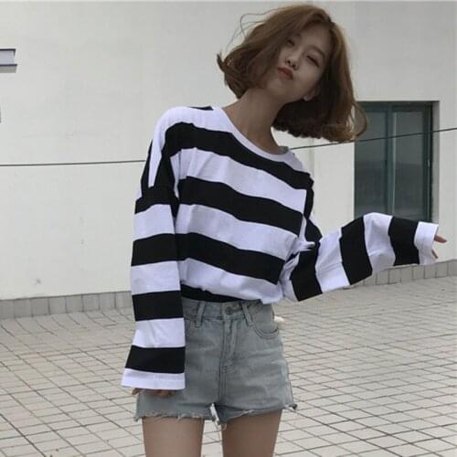 Striped Long Sleeve T-Shirt Women Korean Casual Loose T Shirt Femlae Tops Spring O-Neck Women Tshirt