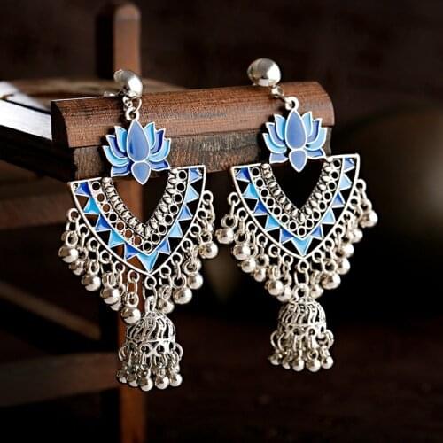 Vintage Lotus Silver Color Jhumka Tassel Statement Earrings For Women Ethnic Geometric Turkish Tribal Gypsy Bells Indian Jewelry