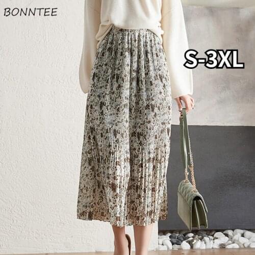 Skirts Women Folds Printing Tender Ladies Elegant Female Classy Girl Holiday Ulzzang Chic All-match Casual Oversize S-3XL Newest