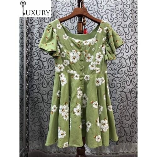 Lolita 2020 Summer Sweet Style Ladies Sexy Square Collar Little Flower Embroidery Tunic Buton Deco Slim Fit Green Dress