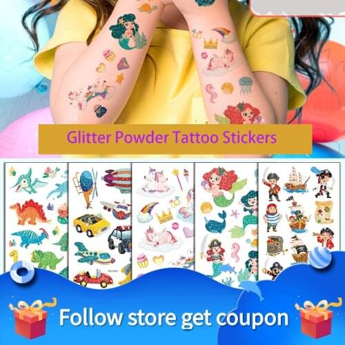 10PCS Childrens Tattoo Sticker Fake Flash Powder Temporary Waterproof Cartoon Transfer Unicorn Animal Mermaid Kid Toy Girl Gift