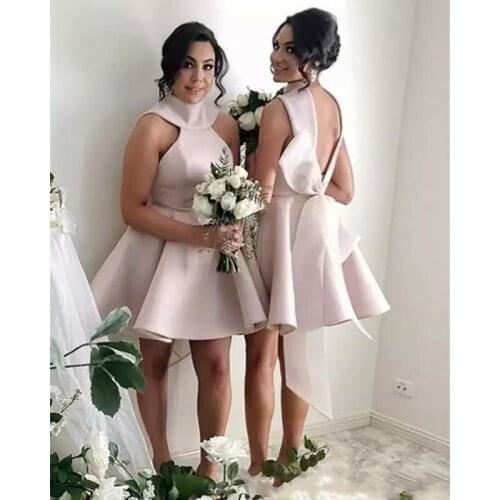 2019 Bridesmaids Dresses Cheap Satin Halter Backless Short Wedding Party Dress Big Bow Back Maid Of Honor Gowns