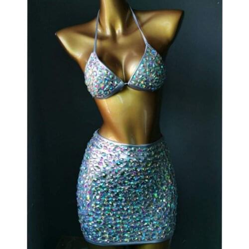 Bikini Evening Party Set Bling Diamante Carnival Bra Crop Top Crystal Skirt Rave Festival Wear Set Burning Man Outfit Club Wear