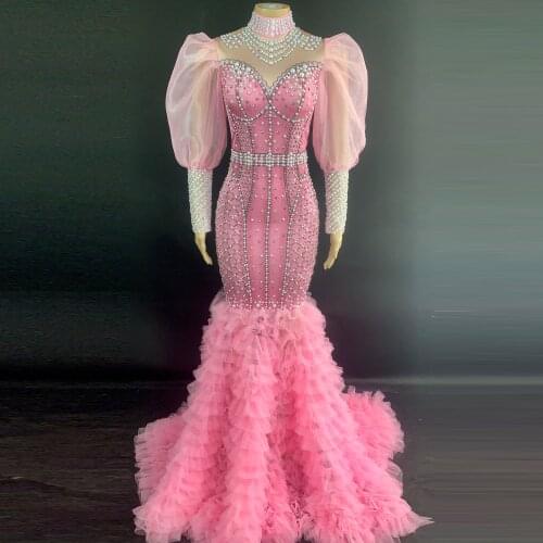 Sparkly Rhinestone Pearl Long Tail Dress Women Birthday Transparent Sleeves Dress Prom Celebrate Dancer Dress