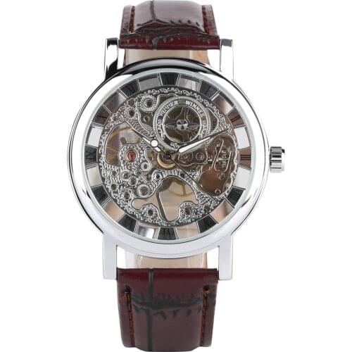 Mens Classic Skeleton Mechanical Hand-Wind Watches Luxury Stainless Steel Case Leather Watchband Bussiness Mechanical Watch