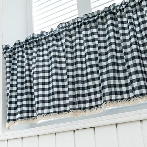 Black white checkered short finished curtain no rod bay window half curtain bedroom gingham partition curtain semi shading