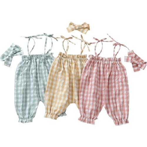 Pudcoco Baby Romper with Hairband Plaid Sleeveless Strappy Romper+ Headband, Green/Yellow/Pink Baby Clothes 0-24 Months