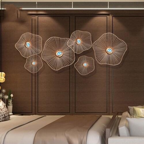 European Wrought Iron Gold Lotus Leaf Wall Hanging Crafts Decoration Home Livingroom Background 3D Wall Sticker Mural Ornaments