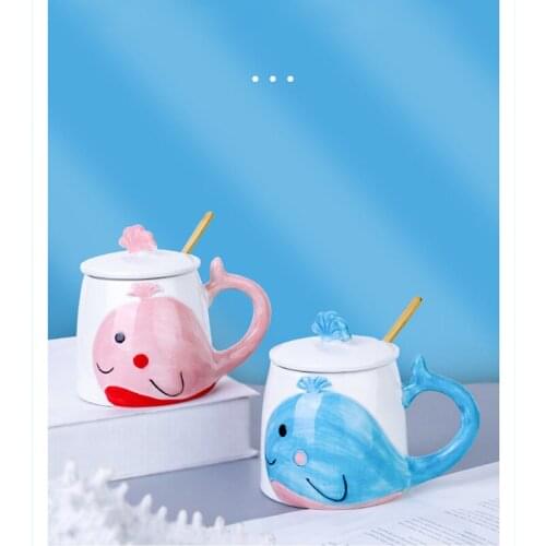 Ceramic Mug With Lid & Spoon Cartoon Whale Coffee Cups Cute Blue Pink Coffeeware Porcelain Drinkware For Child And Friend Gift