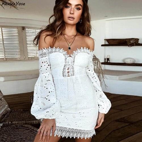 KHALEE YOSE Lace Cotton Embroidery Dress Off The Shoulder Backless White Sexy Dresses Hollow Out Women Casual Chic Party Dress
