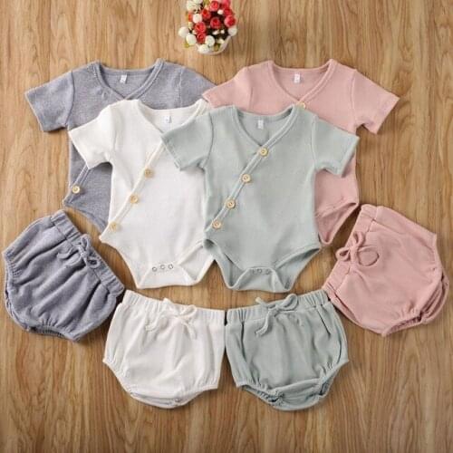 2PCS Summer Infant Baby Girls Boys Clothes Sets Striped/Solid Tops Romper+Shorts Outfits Clothes