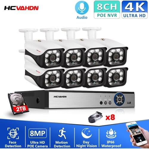 Ultra HD 4K 8CH Video Surveillance Kit 4K CCTV Camera Security System H.265 Bullet Audio Record Poe IP Camera NVR Set