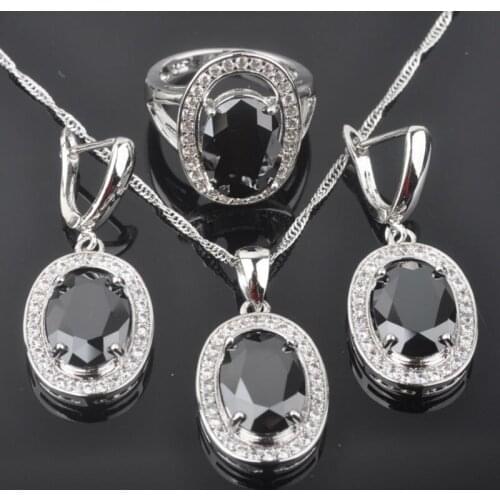 Womens Wedding Jewelry Sets Black Crystal Zirconia Silver Color Ring Necklace And Earrings Set QZ092