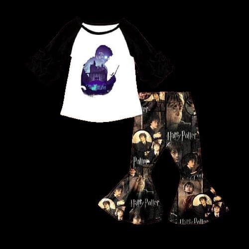 Autumn and winter new girl suit black and white Long Sleeve Magic Girl Top + Plaid flared pants 2-piece set 0-16 years old