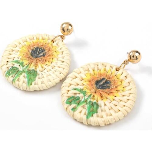Fashion metal rattan woven print sunflower earrings womens creative retro dangle earrings banquet jewelry accessories