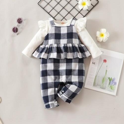 Fashion Baby Girl Clothes Set Spring Fall Baby Clothes 2pcs Sets Solid Long Flying Sleeve Tops+plaid Ruffles Strap Romper 0-18M