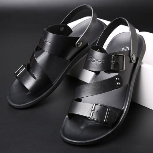 Mens Sandals Two-Layer Leather Casual Fashion Beach Shoes Thick-soled Sandals Mens Dual-use Sandals and Slippers