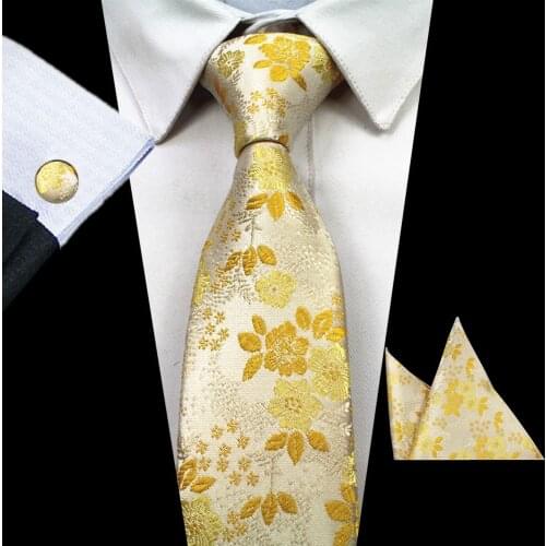 Ricnais Fashion Floral 7cm Tie Set Yellow Red Pocket Square Cufflinks Neck Tie Sets For Mens Business Wedding Accessories Gifts