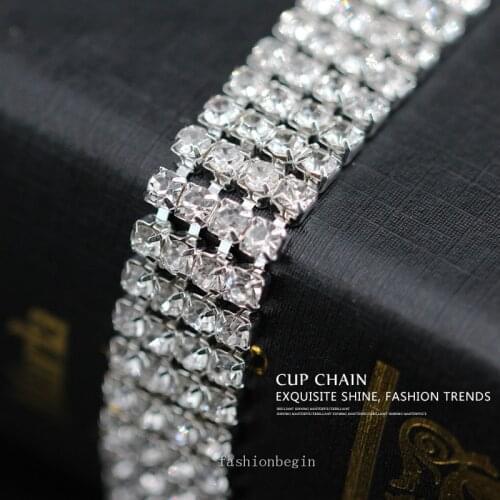 4-Row ss6 ss8 ss12 ss16 crystal rhinestone Ribbon/Wedding Cake Banding Necklace Trim silver close chain sew on Clothes Decor DIY