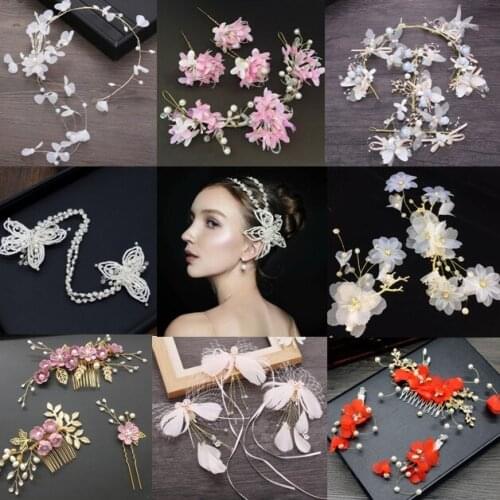 Pink White Flower Hair Jewelry Pearl Rhinestone Combs Barrettes Bridal Hairpins Wedding Eveing Prom Party Bride Hair Accessories