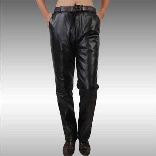 Thicken warm winter Plus velvet High waist fashion motorcycle faux leather pants mens feet pants pu trousers for men black